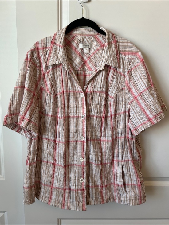 CJ Banks Tops - CJ Banks Lightweight Plaid Button-Up Shirt in Cream & Pink 3X